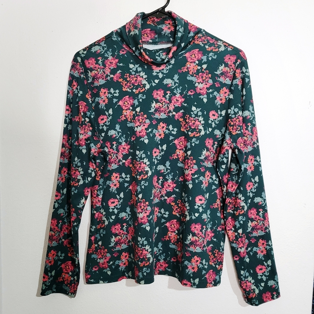 L.L. Bean Dark Green & Pink Floral Turtleneck Top. Size L Petite